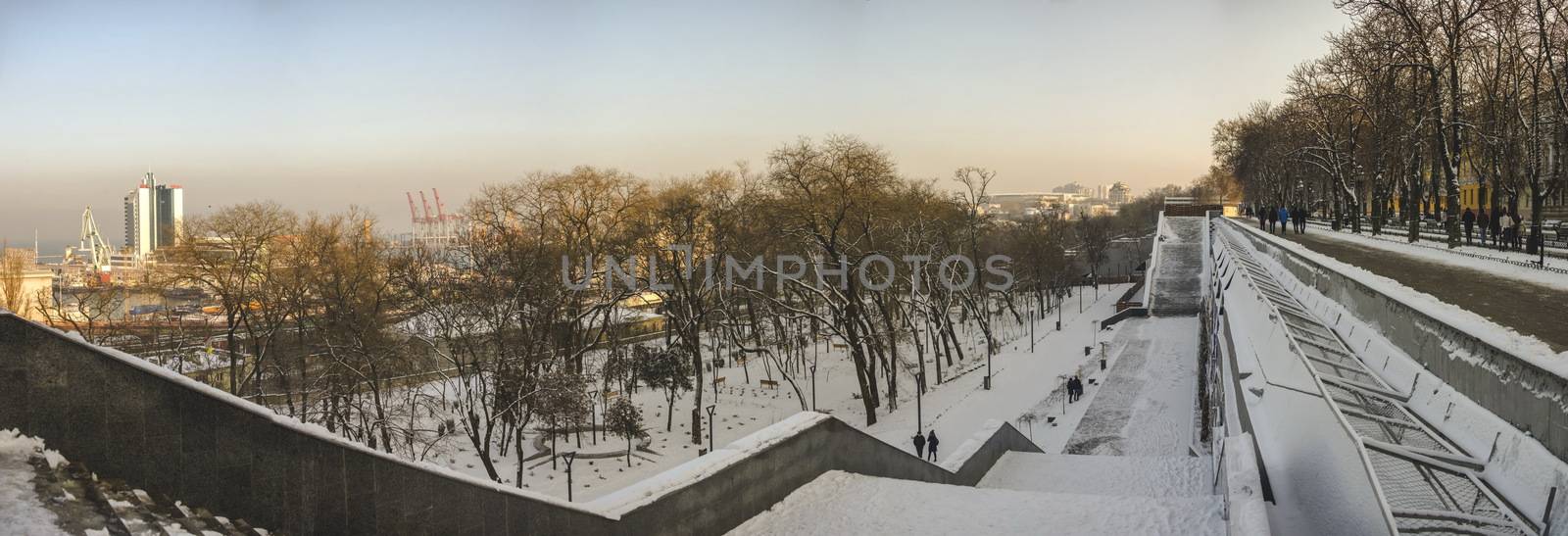 Odessa, Ukraine - 01.19.2018. Winter morning on Primorsky Boulevard in Odessa, Ukraine. Panoramic view