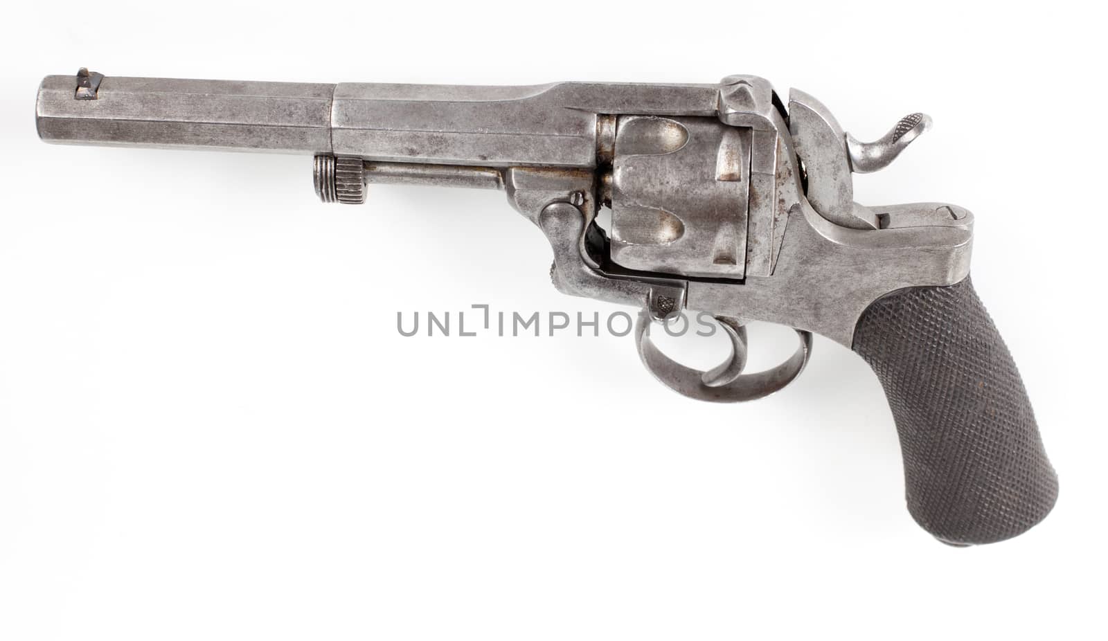 old silver color rusty pistol isolated on white background