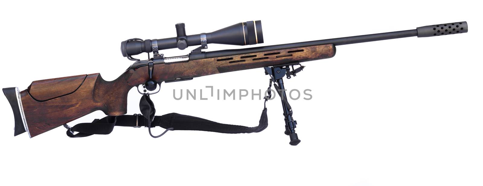 Sniper Rifle with scope atached on a tripod isolated on white background