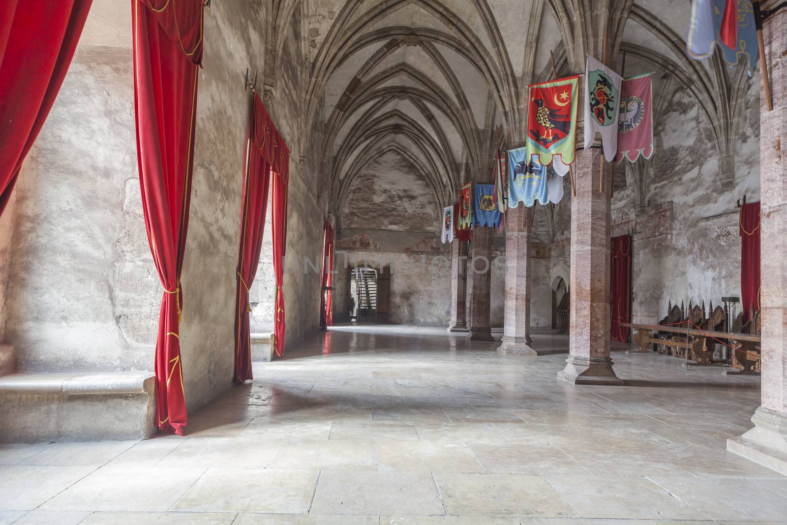 Corvin castle Ball room with arcades and pillars 