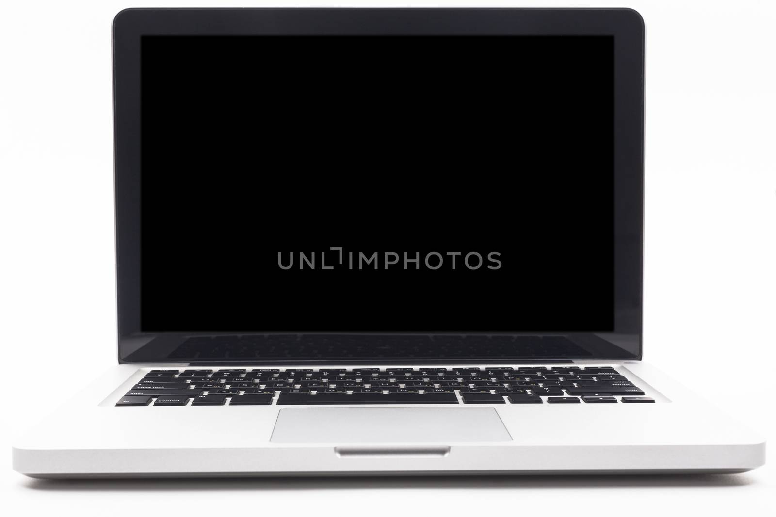 Silver laptop with blank black screen isolated on white background