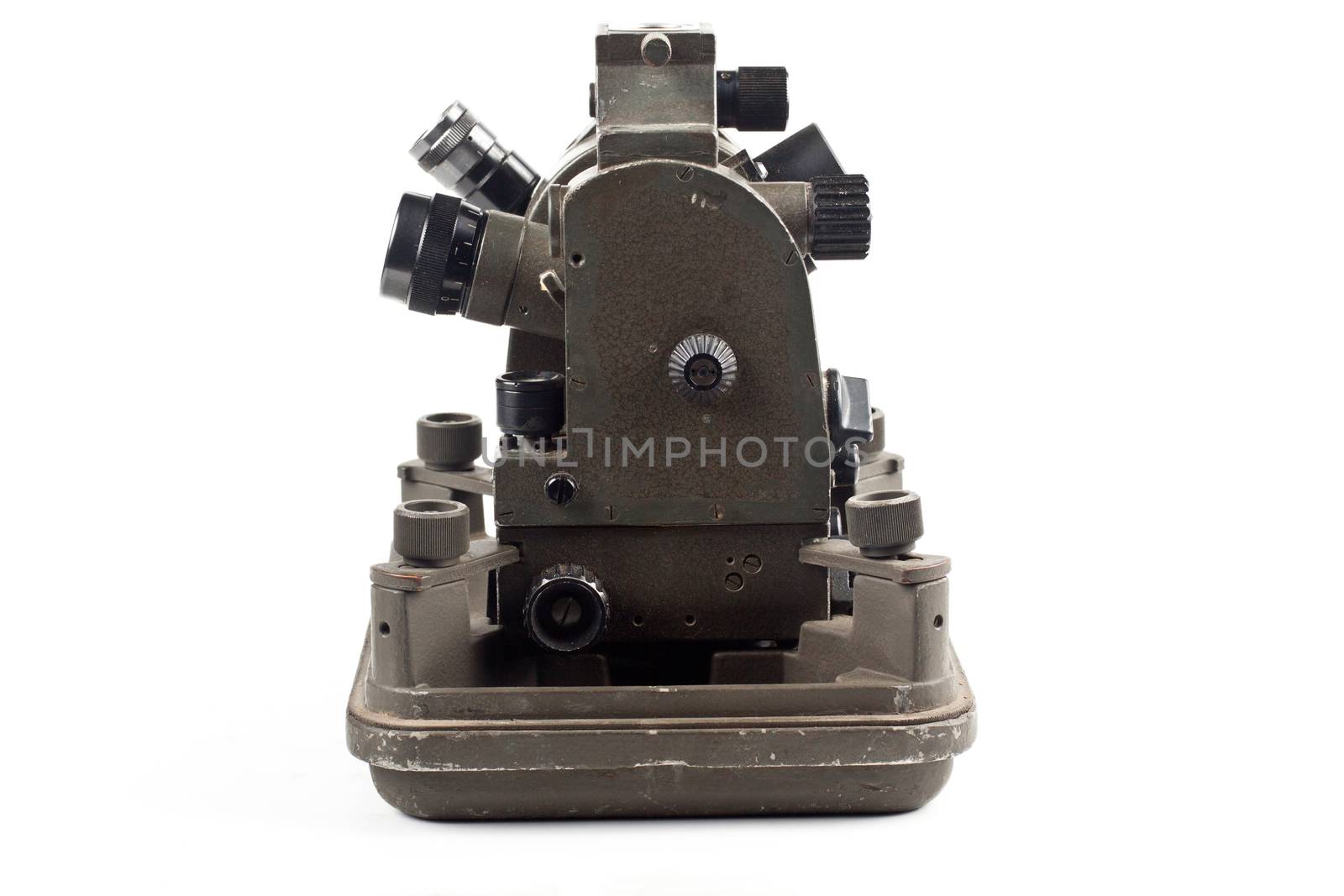 old small theodolite side view isolated on white background