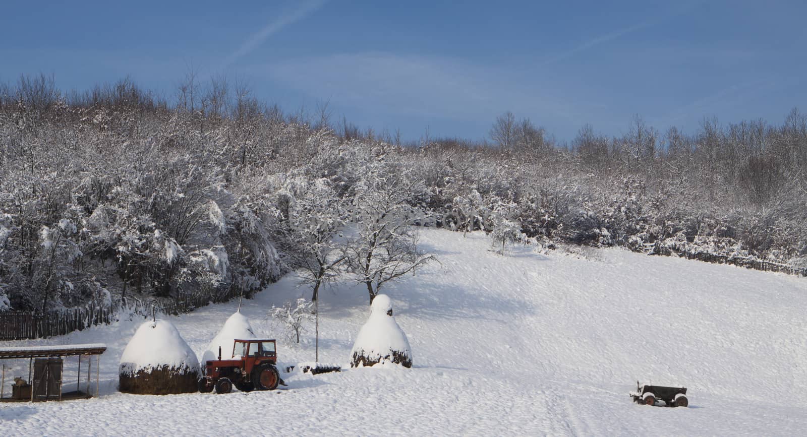 winer all white romanian rural landscape  with blue sky