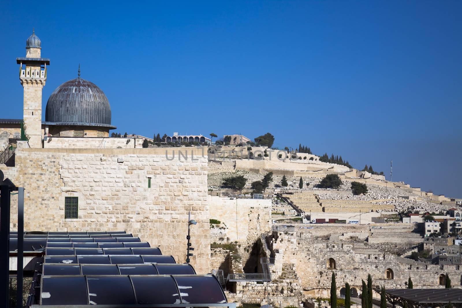 jerusalem view mosque tower and the sorrounding wall