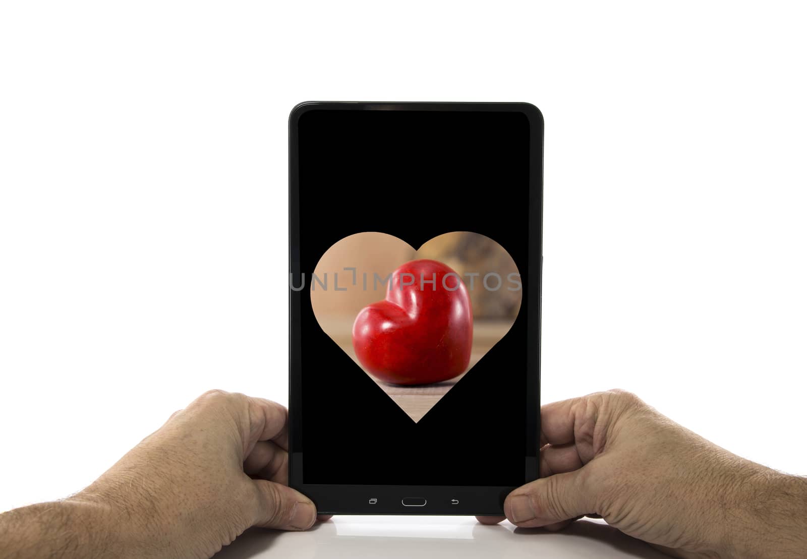 male hands with computer tablet in the hands isolated on white background