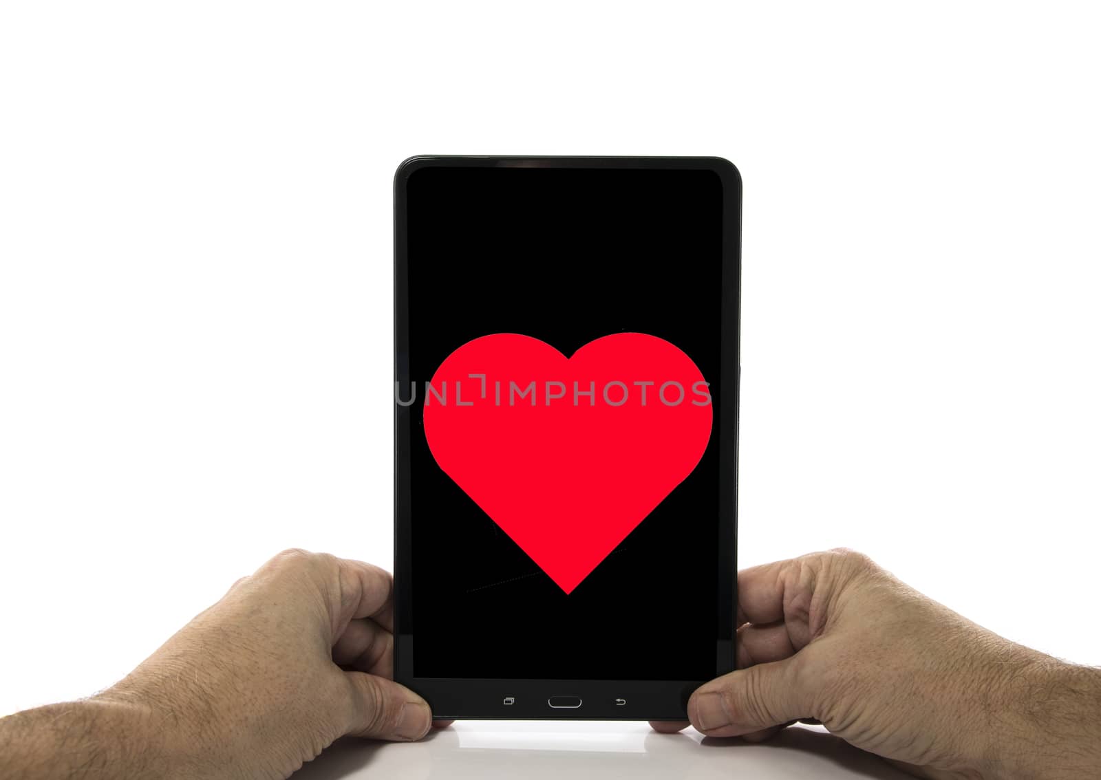 male hands with computer tablet in the hands isolated on white background