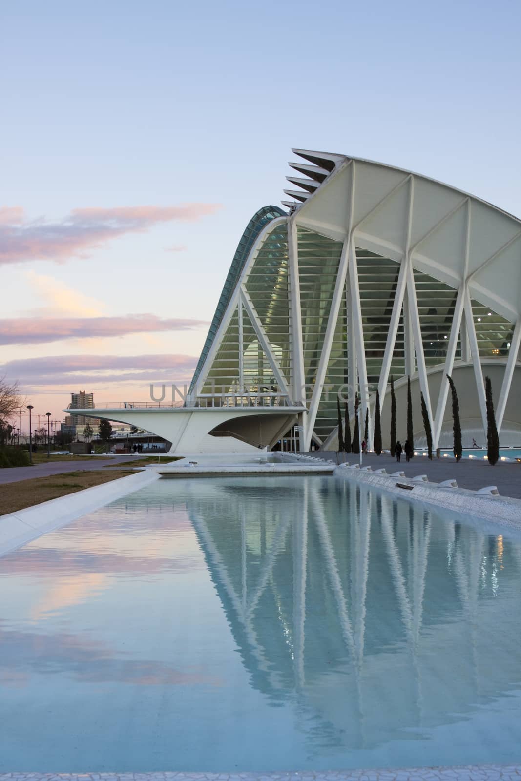 new modern white bulding with watter pool around  on sunset sky colors