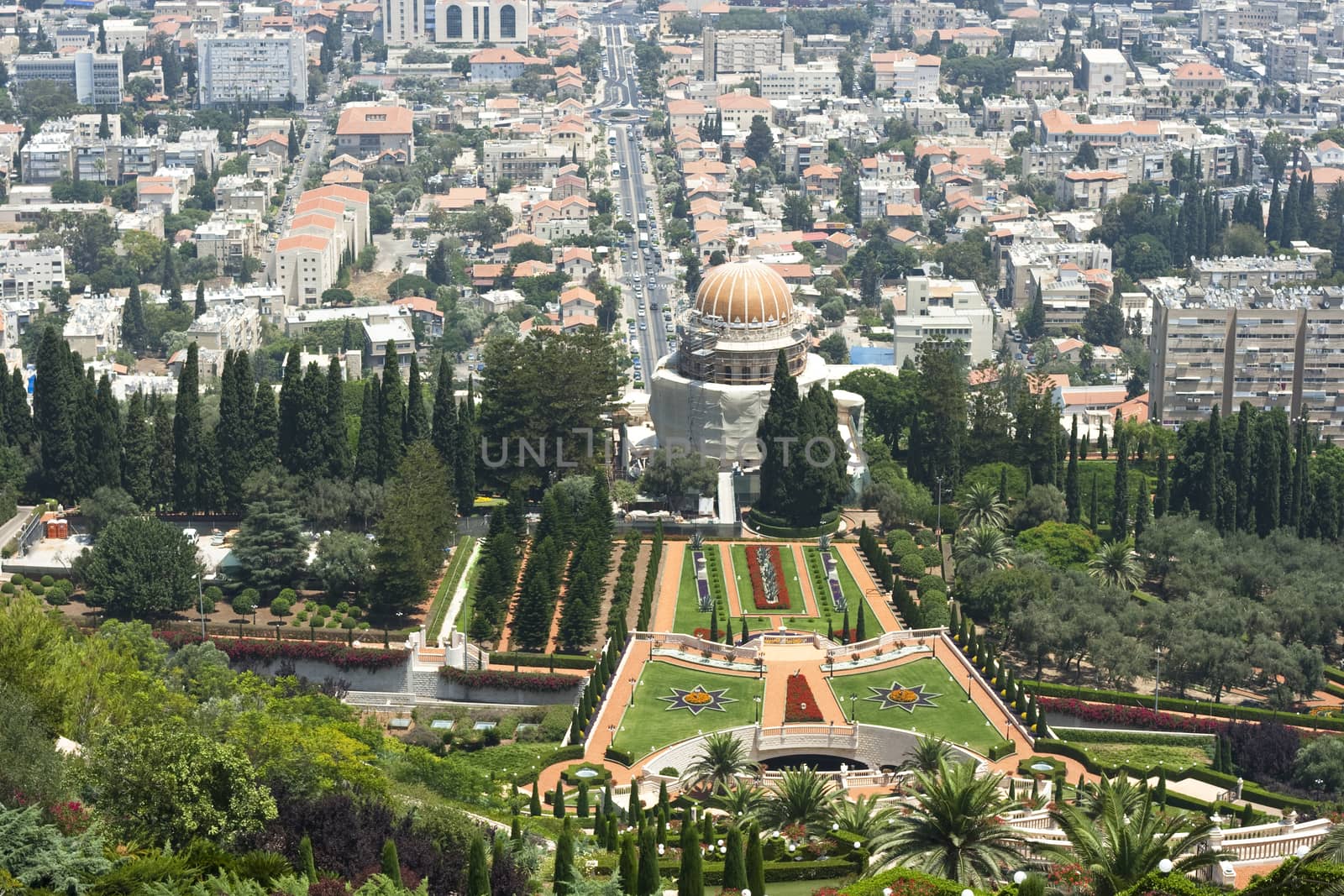 bahai temple in the city of haifa in israel with beautiful gardens surrounding