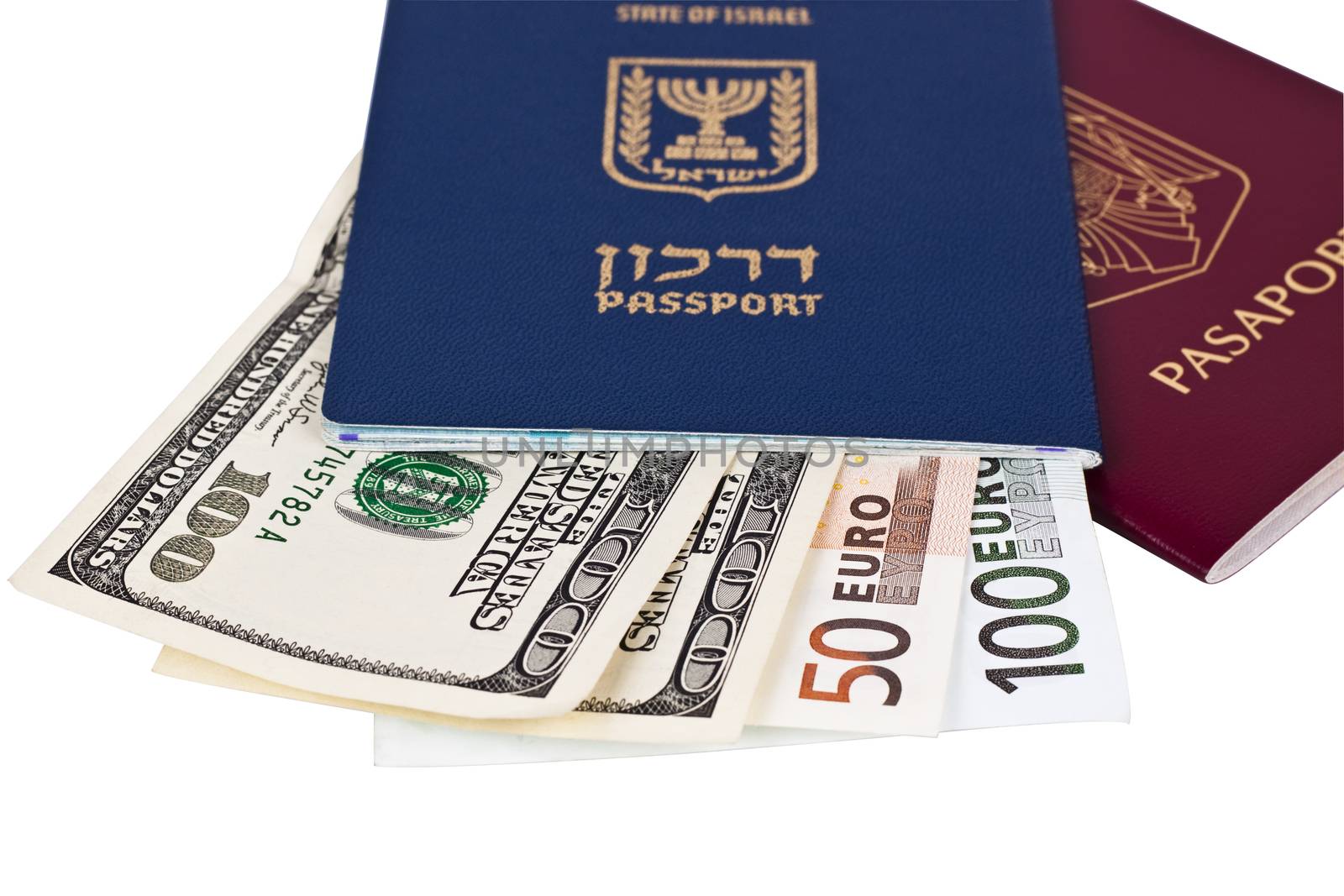 one red an a blue israelian passport with some dollar and euro bills isolated on white
