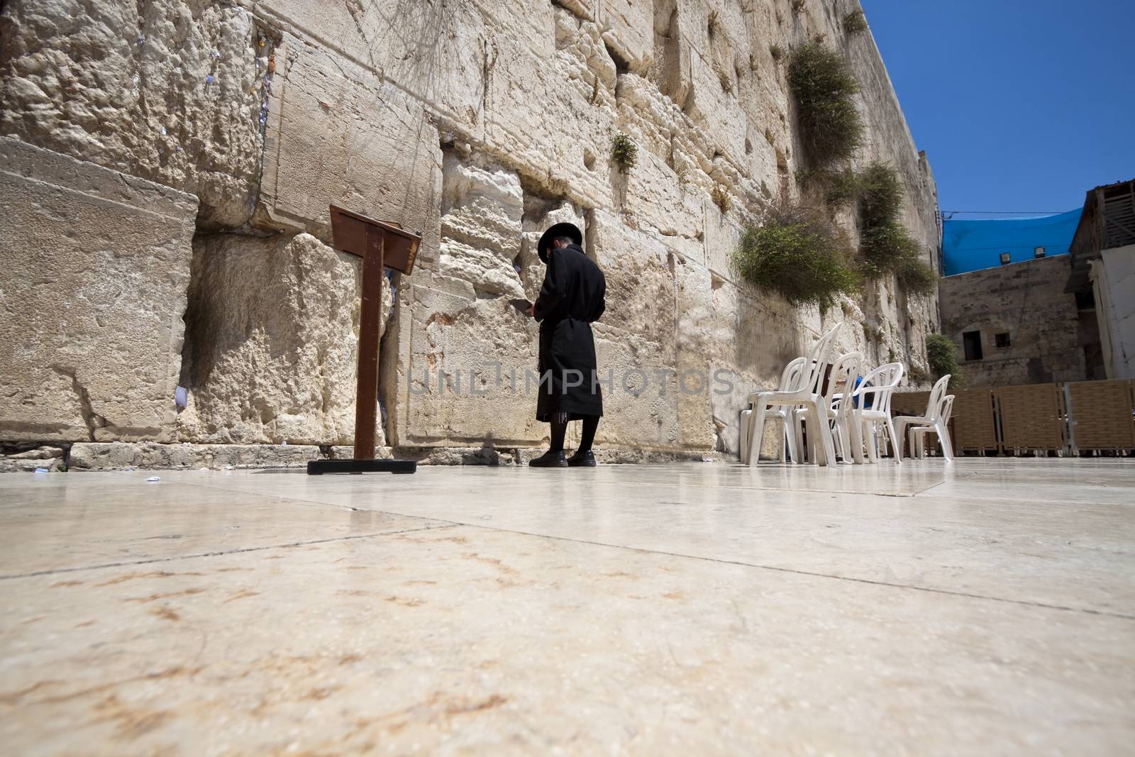 single orthodox man praying at the western wall in jerusalem