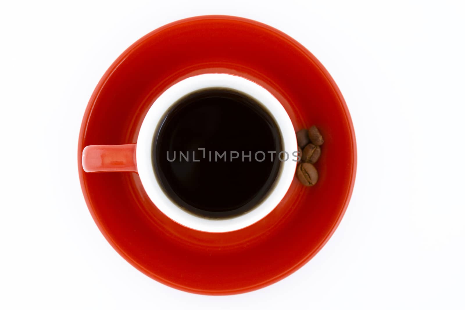red mug and plate espreso and coffee beans on white background