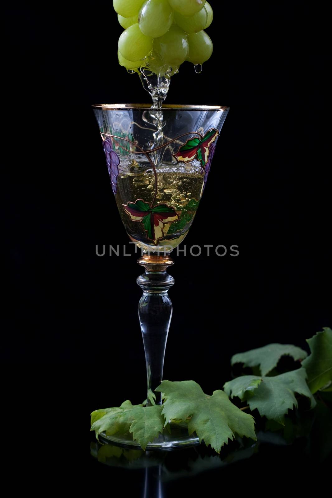 vhite wine colored glass ivy on black background