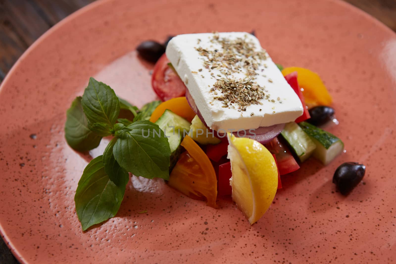 vegetable salad with cheese top view.