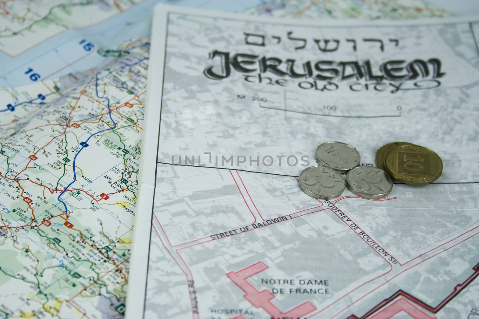 jerusalem map and some coins 