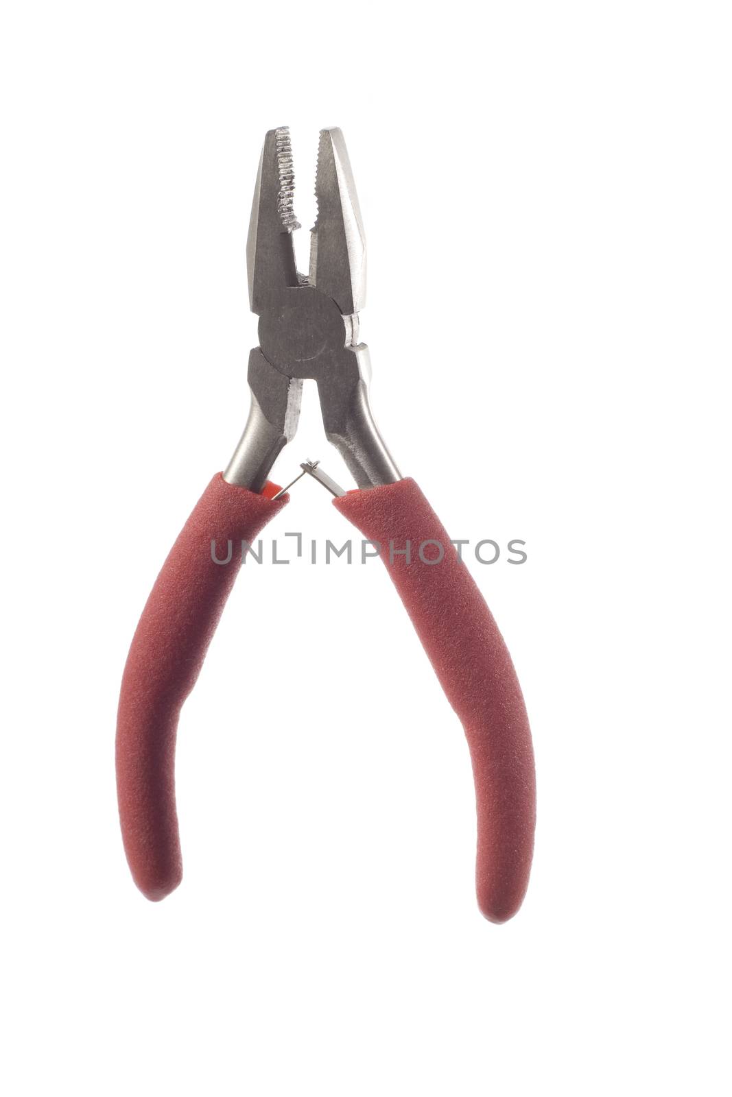red handle plier on white background