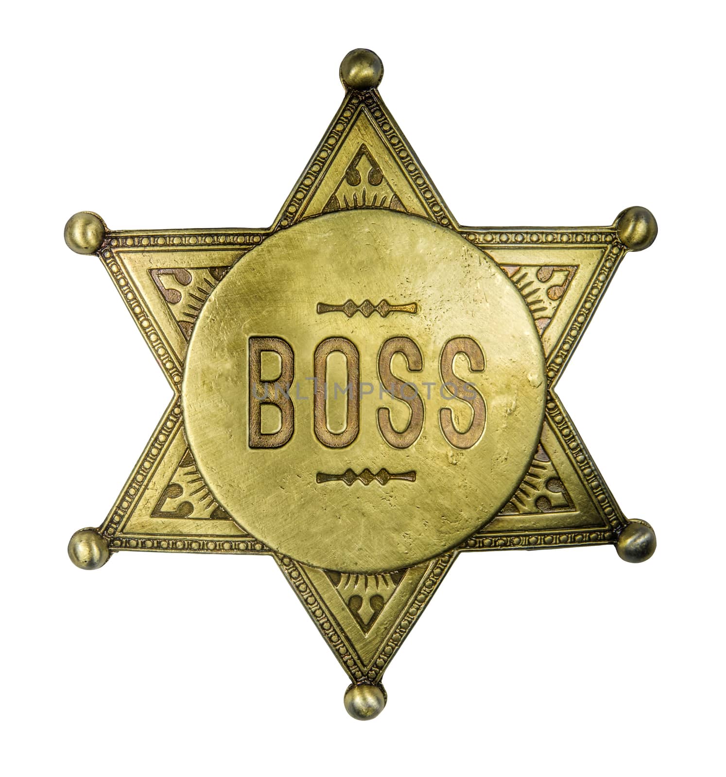 Isolated Brass Boss Badge In The Style Of A Vintage Sheriff's Star On A White Background