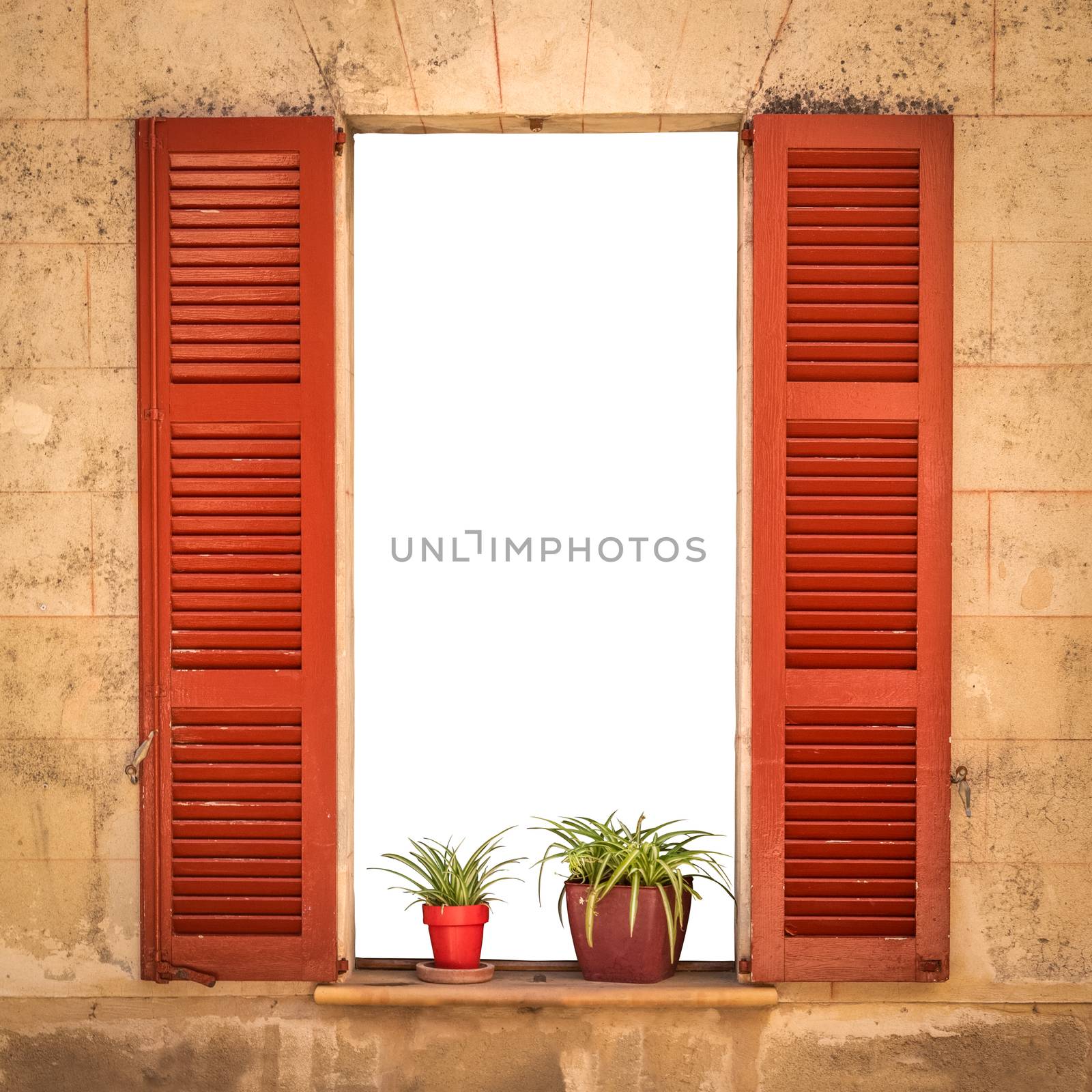 Open Villa Window With Red Shutters And Isolated Space For Text