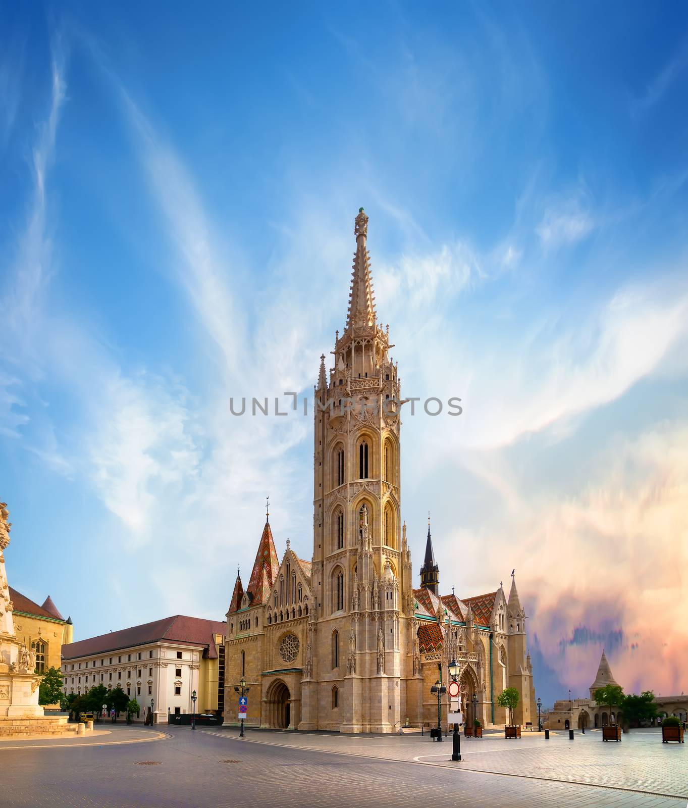 Matthias Church located in front of the Fisherman's Bastion in Budapest, Hungary