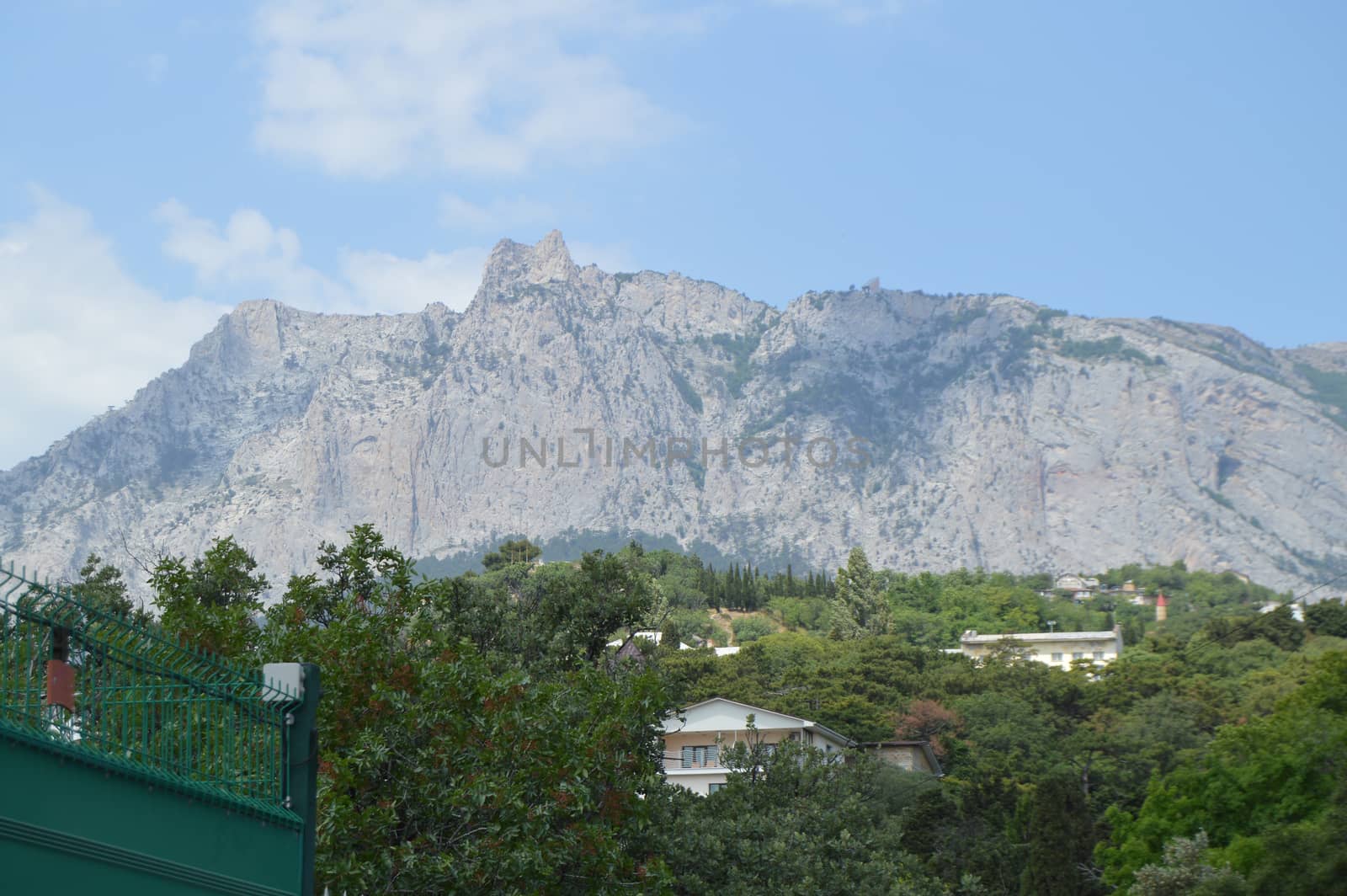 View of AI-Petri mountain in the Crimea, the resort village Miskhor at the foot of the mountain.