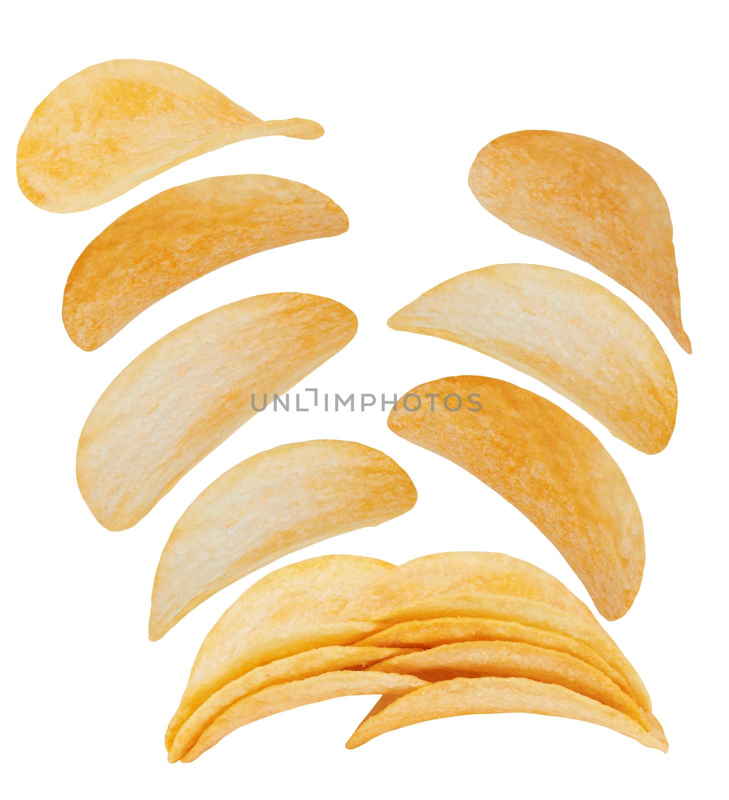 Stack of potato chips isolated on a white background 