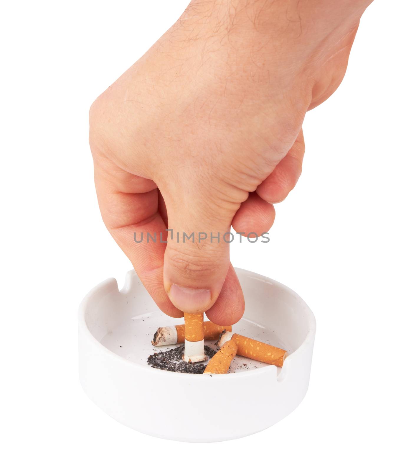 to extinguish a cigarette in a white ashtray isolated