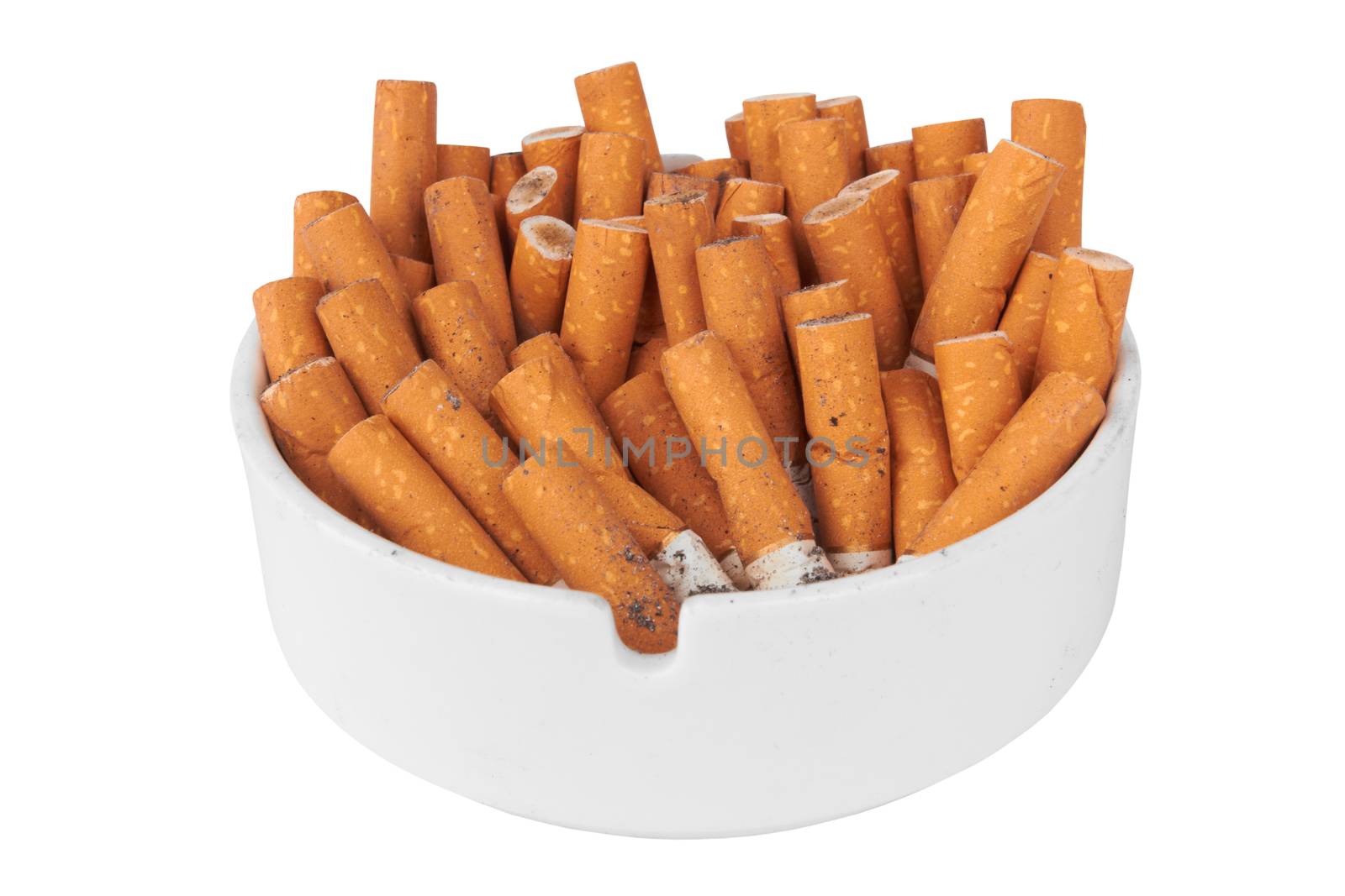 A dirty ashtray full of cigarette ash and butts 