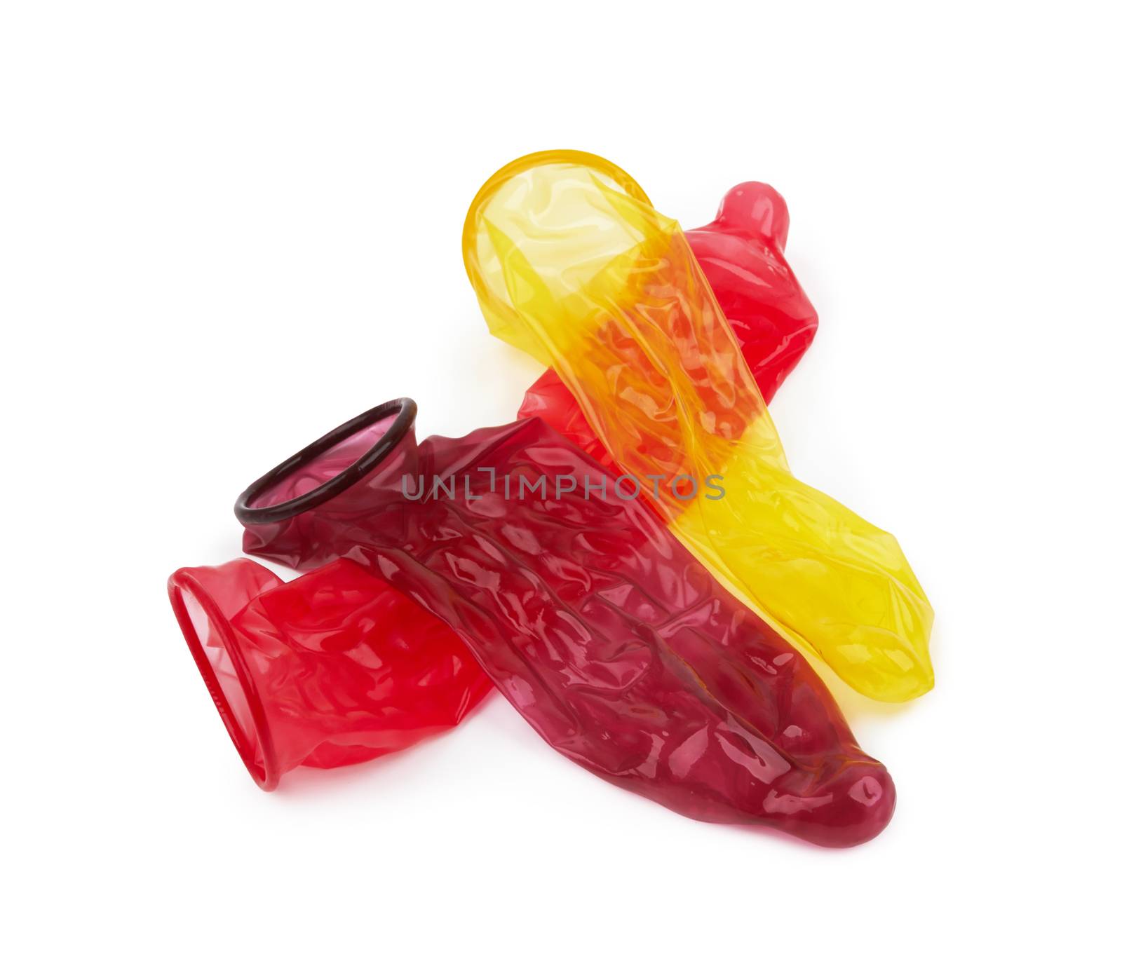 Colorful condoms isolated on white background