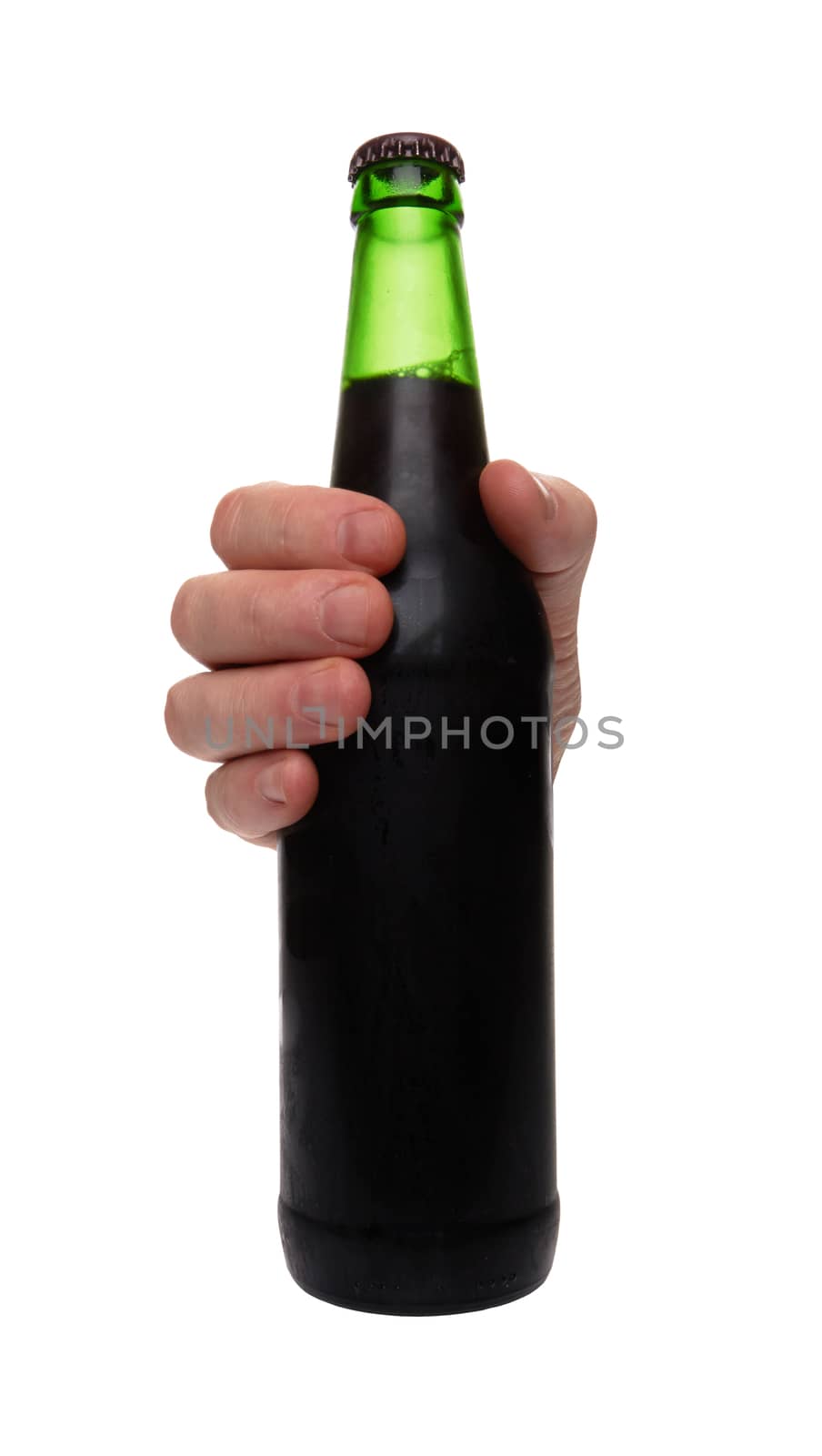 hand holding a beer bottle without label isolated on white background