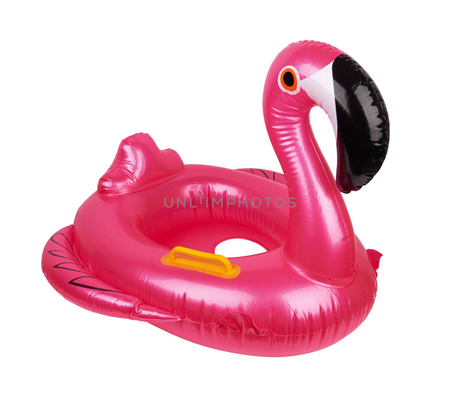 Swimming ring in shape of pink flamingo isolated on white