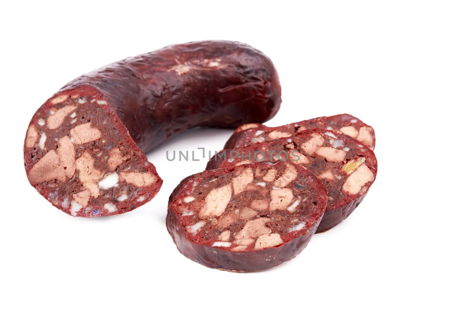 Home made blood sausage on a white plate background 