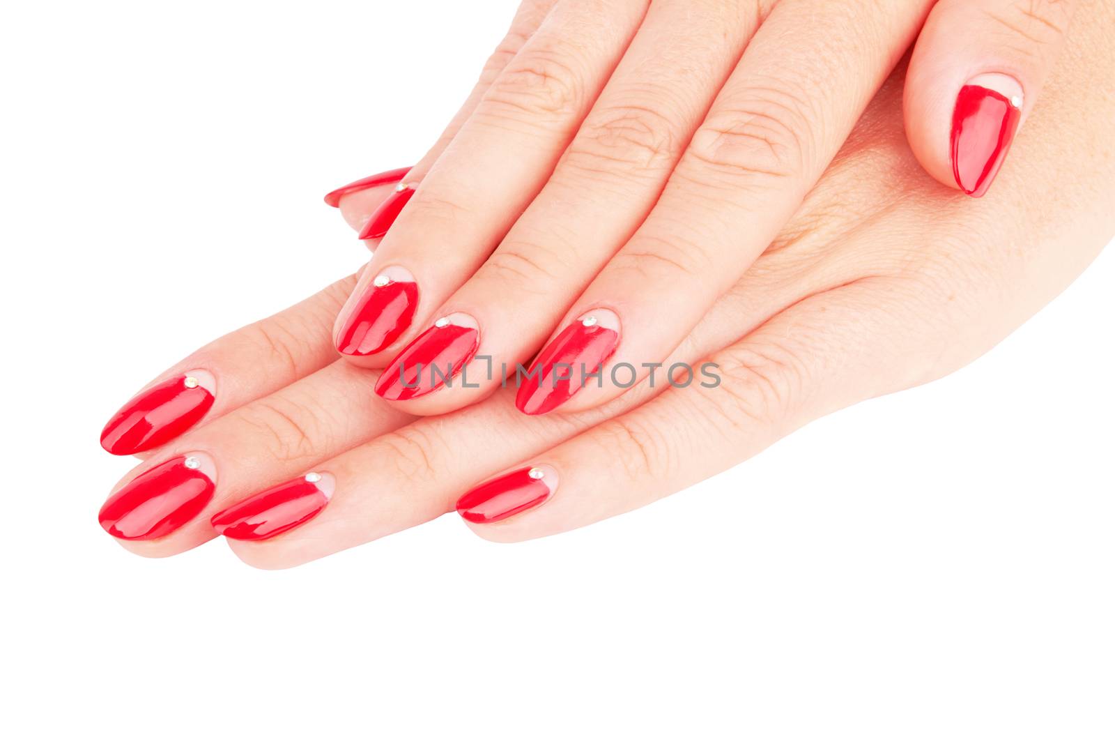Hand with nail red manicure isolated on white background