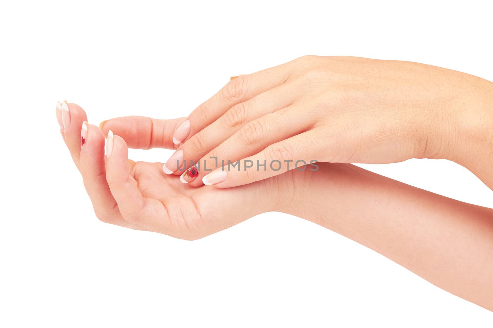 Hand with nail french manicure isolated on white background 