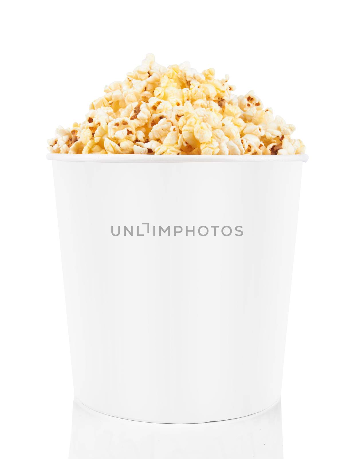 Full bucket of popcorn isolated on white background