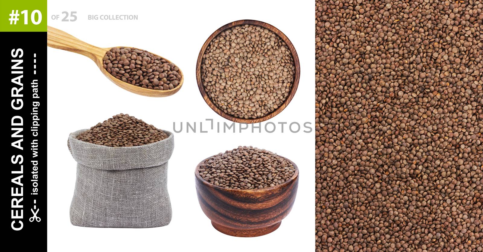 Lentils in different dishware isolated on white background, brown lentils in bowl, spoon and bag, collection