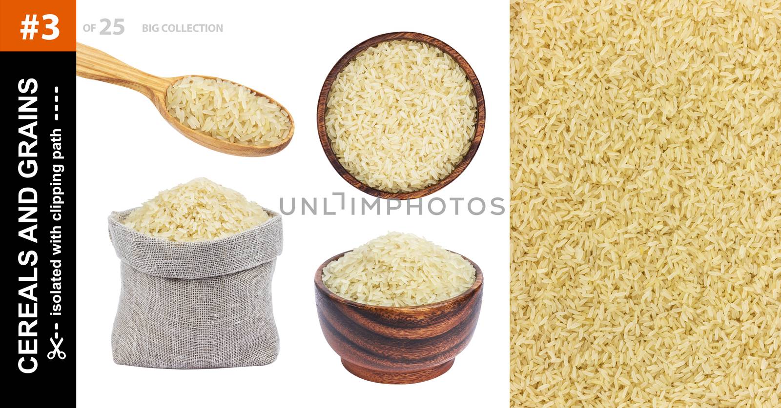Parboiled rice in different dishware isolated on white background, brown rice grains in bowl, spoon and bag, collection