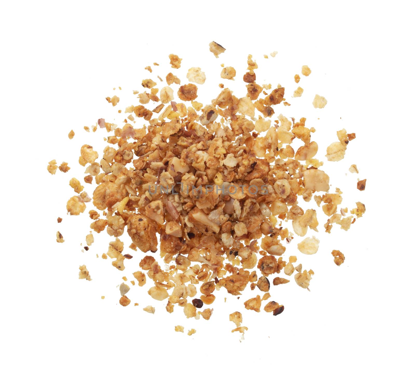 Pile of granola isolated on white background with clipping path, top view
