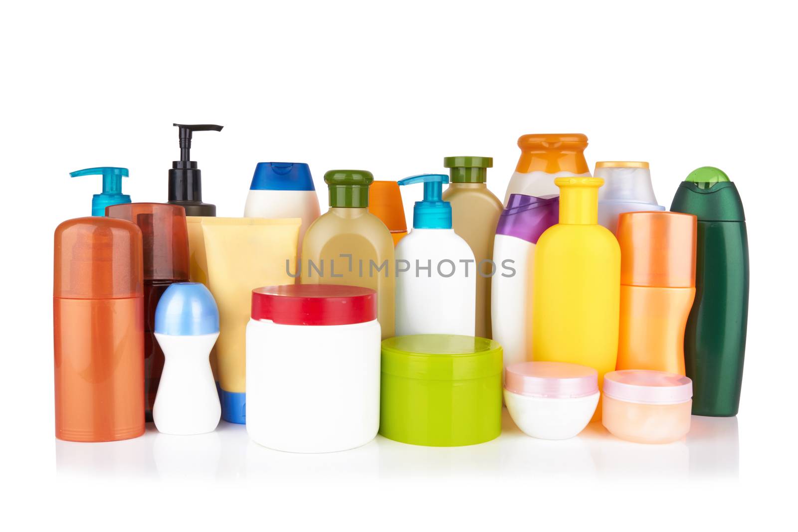 different cosmetic products for personal care isolated on white background 