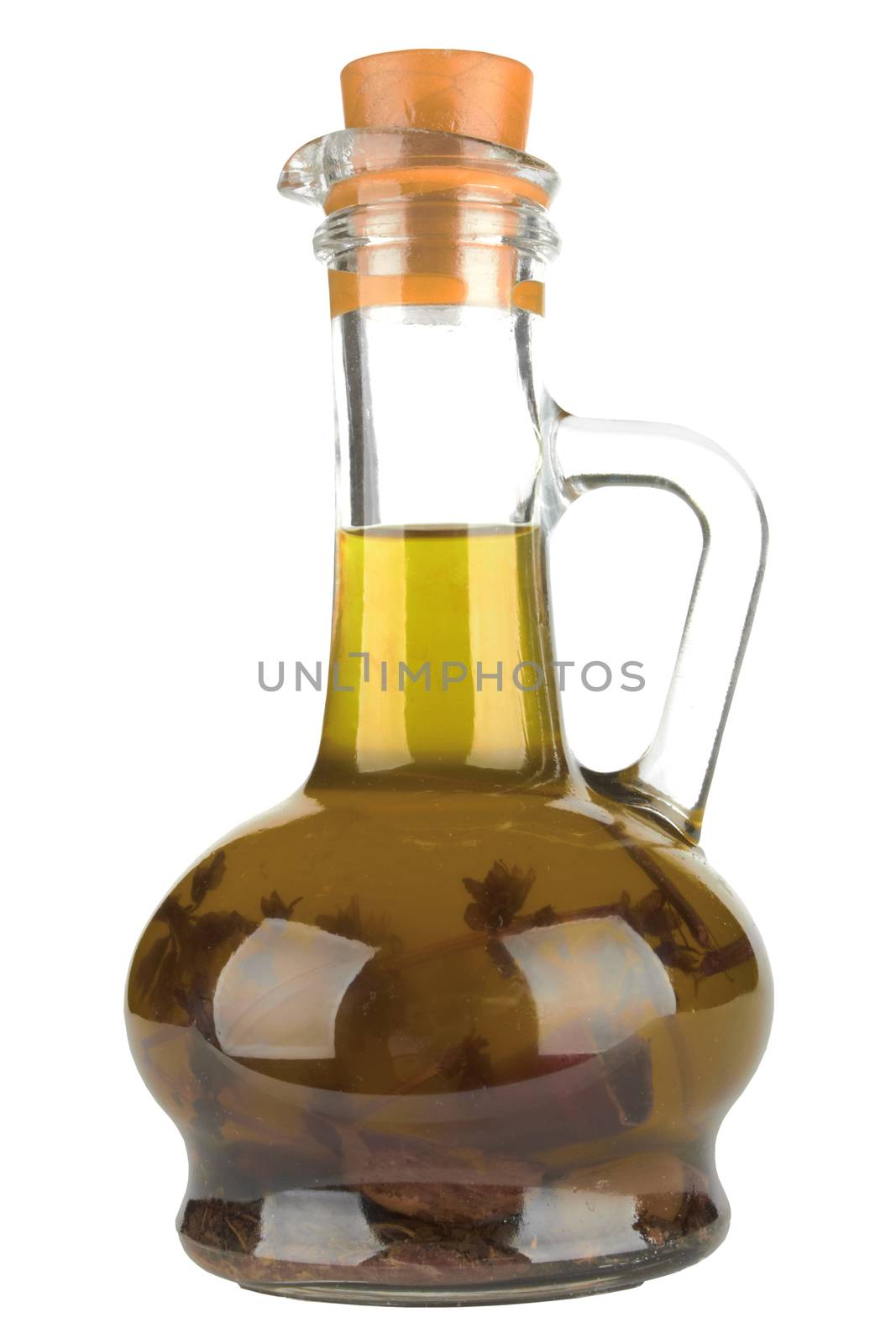 Olive oil bottle with spice isolated on white 