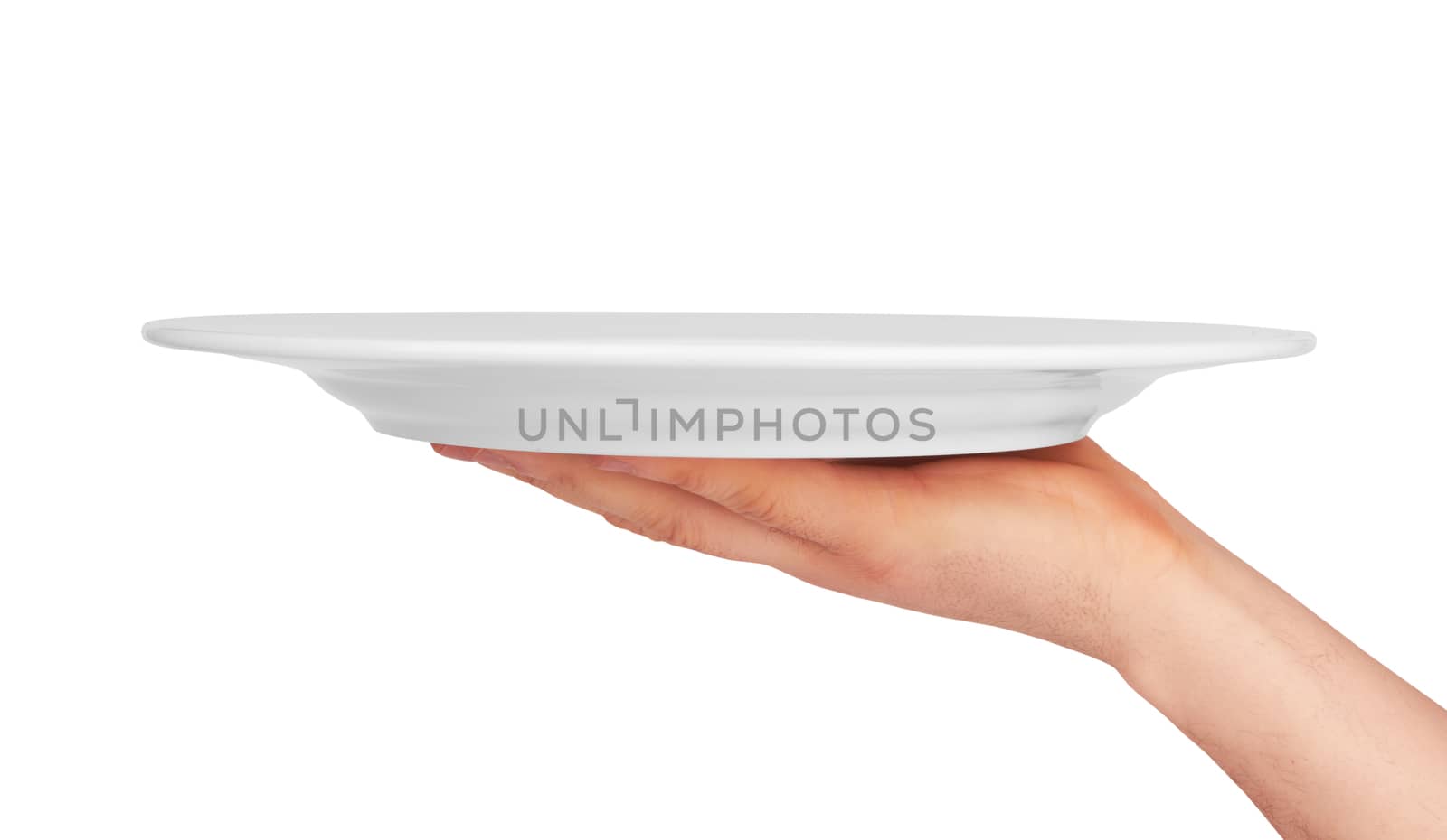 white kitchen plate on hand on white background 
