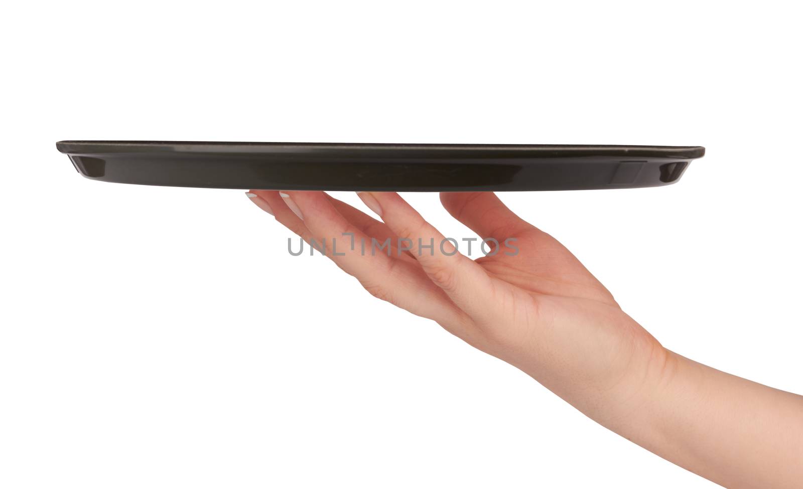 Waiter holding empty tray isolated on white background 