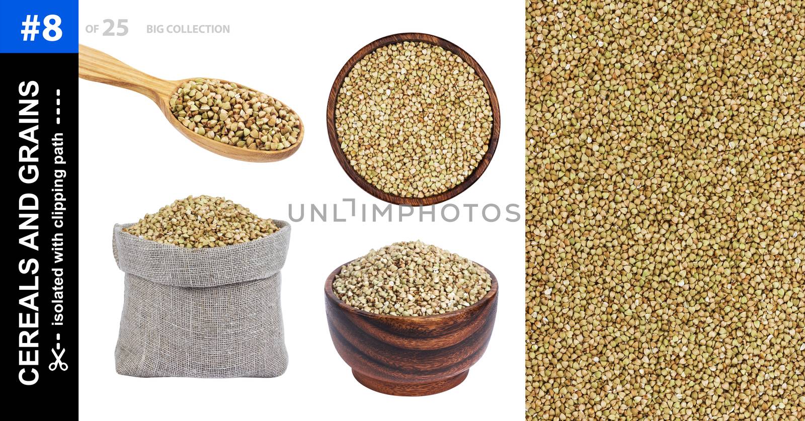 Green buckwheat in different dishware isolated on white background, green buckwheat in bowl, spoon and bag, collection