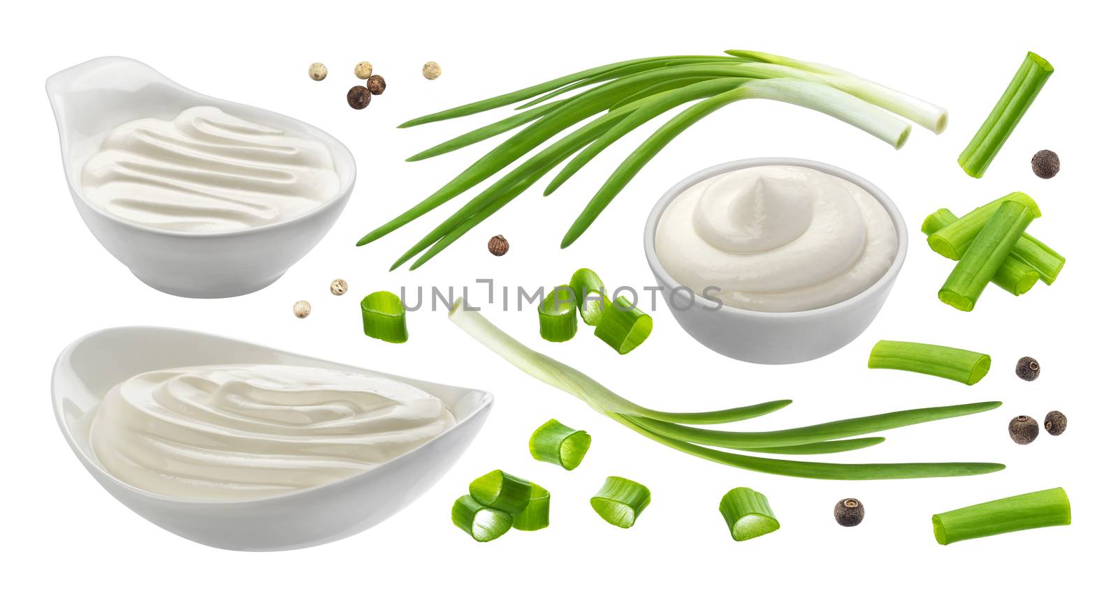 Sour cream and chives isolated on white background, green onion with sour cream sauce by xamtiw
