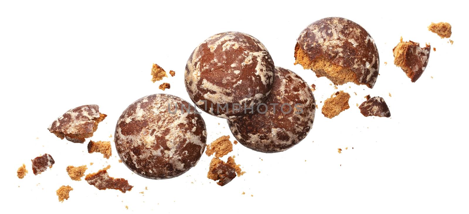 Crushed russian gingerbread isolated on white background with clipping path, top view