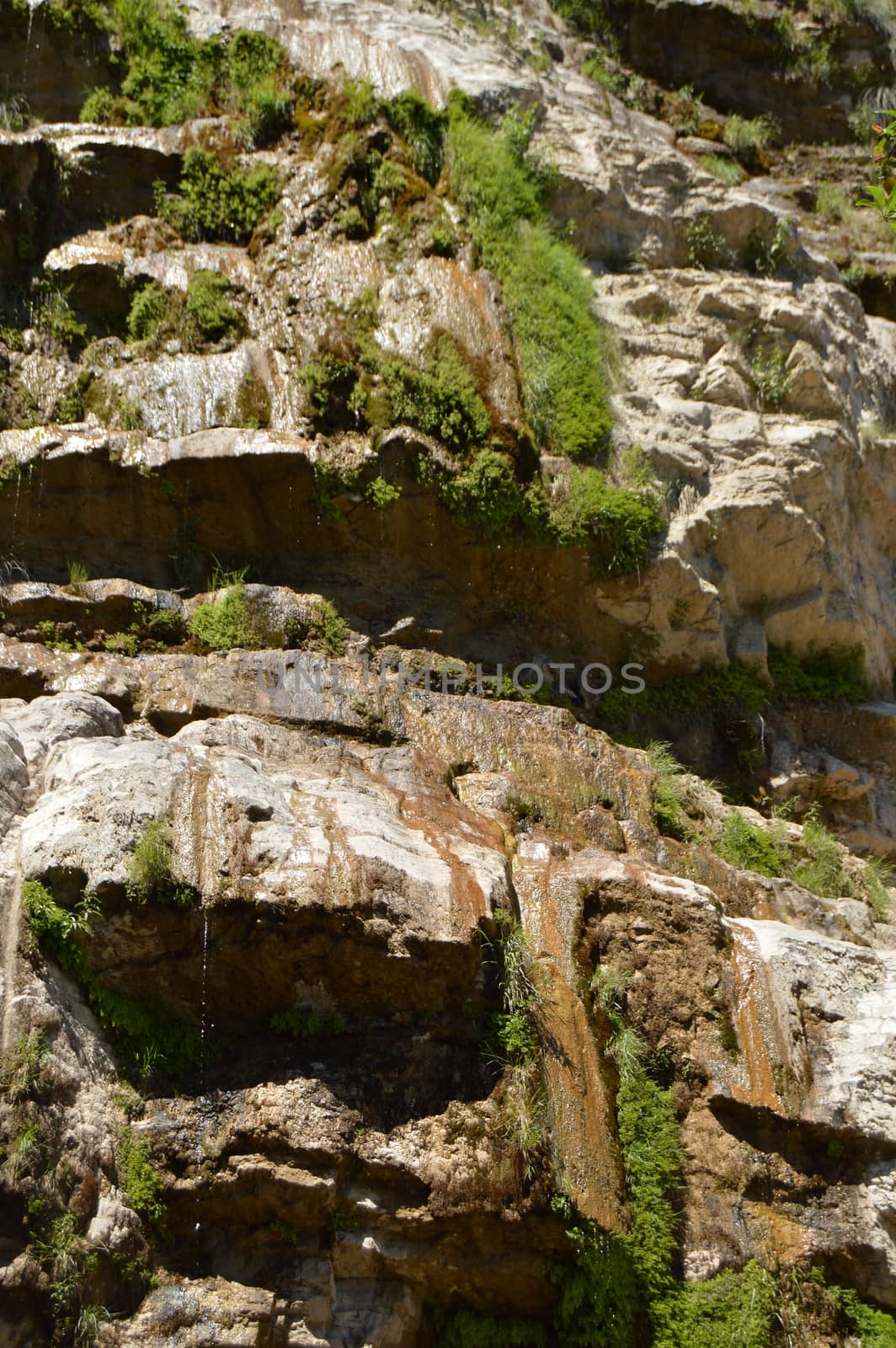 A thin stream of water on the dried waterfall Wuchang-su, Crimea June 2018.