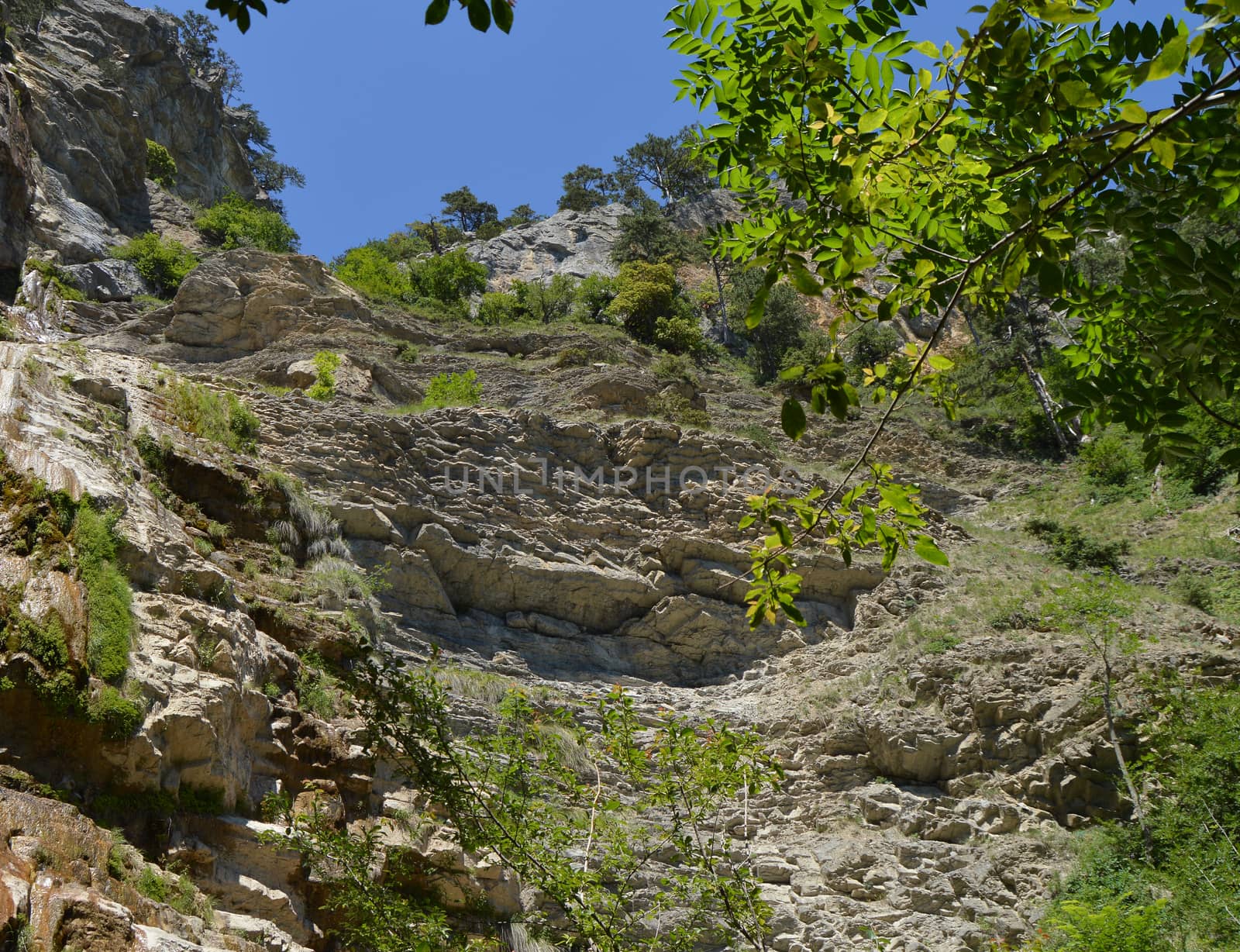 Bottom view of rocks and mountains, the concept of ecosystem conservation and untouched nature.