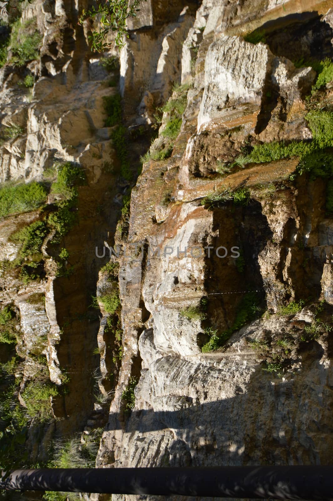 A thin stream of water on the dried waterfall Wuchang-su, Crimea June 2018.