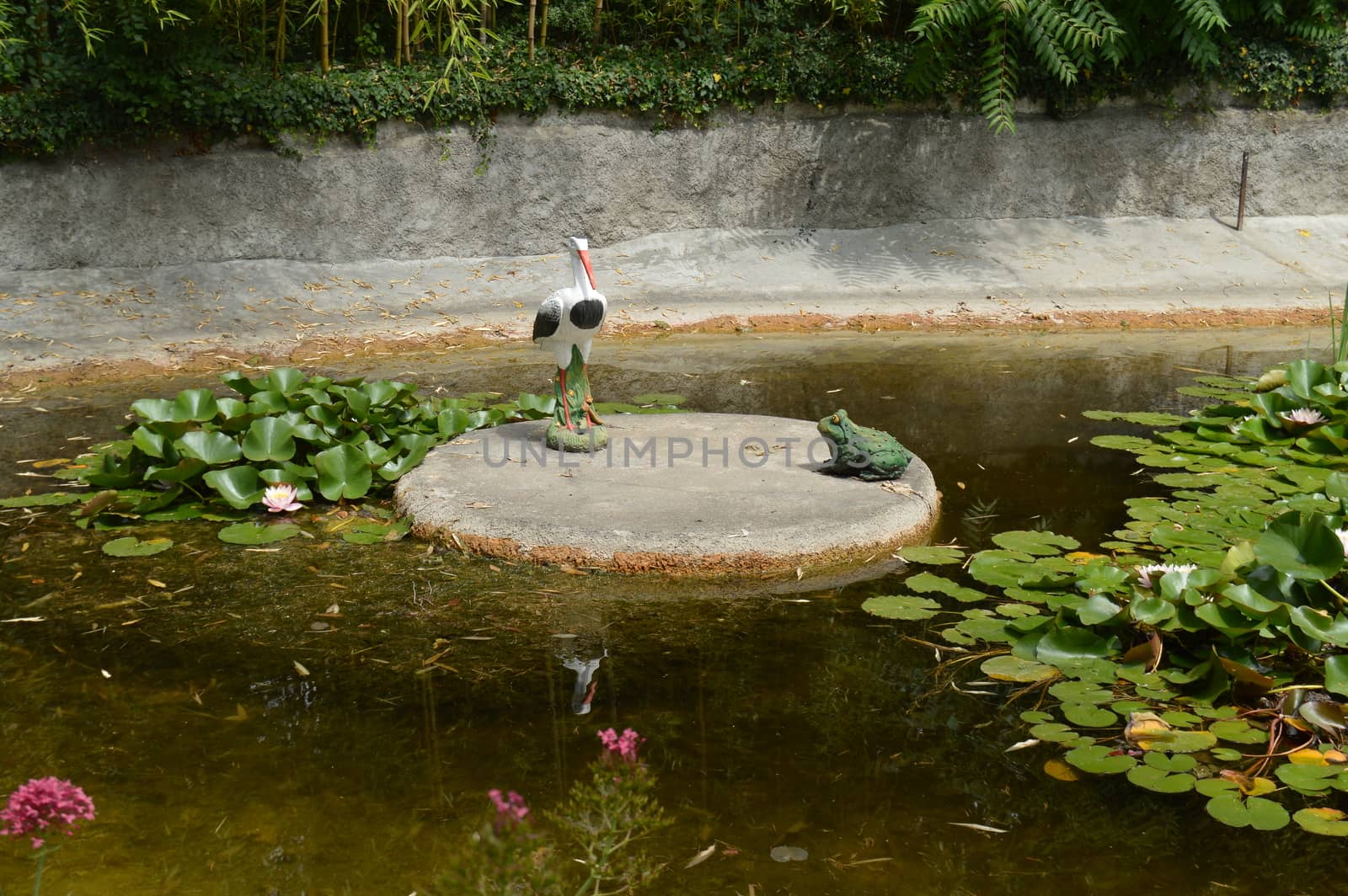 ond overgrown with water lilies with figures of turtles and birds.