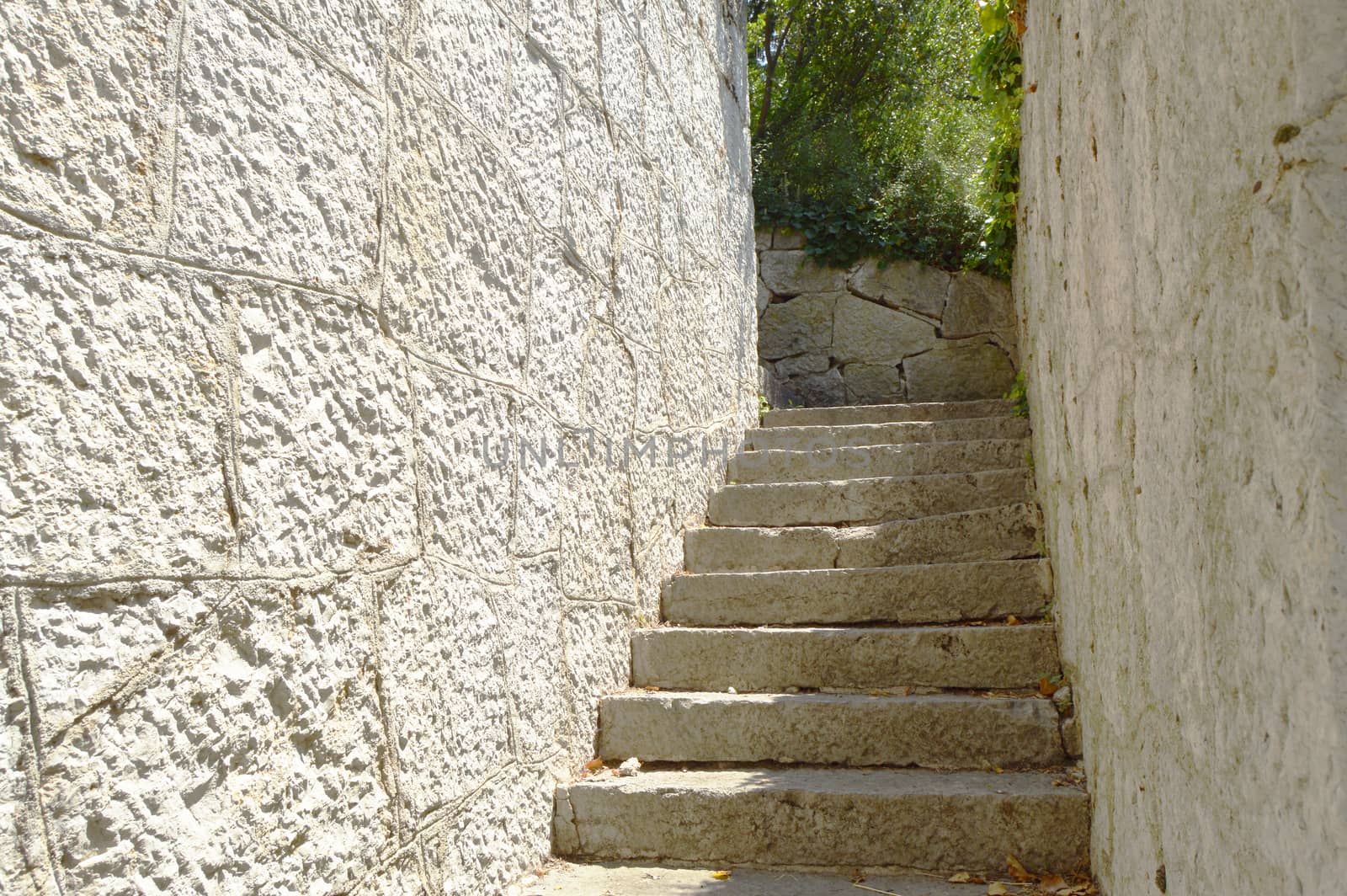 Old narrow staircase with stone wall on both sides, which leads up, illuminated by sunlight by claire_lucia