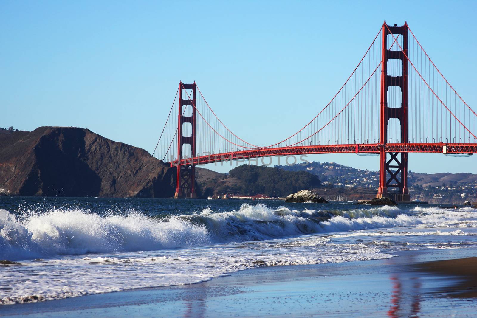 Baker Beach underneath the Golden Gate Bridge in San Francisco. California
