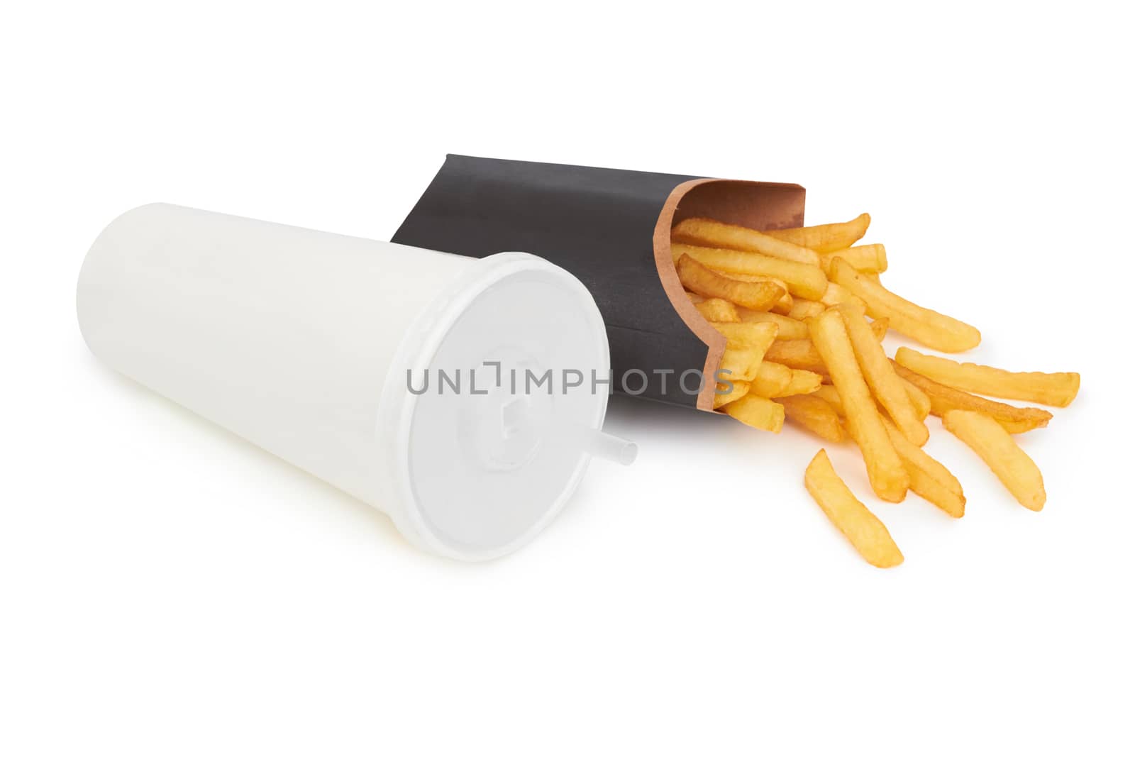 French fries in a black carton box isolated on white